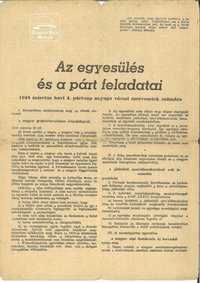 Az egyesülés és a párt feladatai 1948. március havi 4. pártnap anyaga városi szervezetek számára.