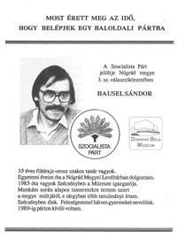 Hausel Sándornak, az MSZP szécsényi jelöltjének bemutatkozó röplapja fénykép