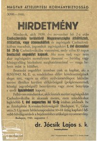 Magyar Áttelepítési kormánybiztosság hirdetménye